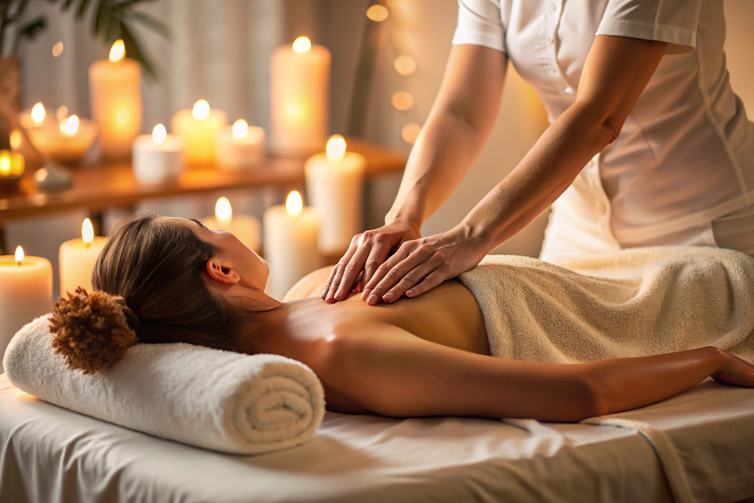 Des mains massant délicatement le dos d une personne sur une table de massage, dans un environnement calme avec des serviettes blanches et une lumière douce