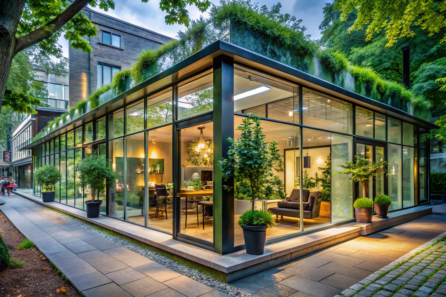 Une vue extérieure du salon de beauté avec une façade vitrée moderne, entourée de verdure et de bancs, dans une rue animée mais floue, sans indication textuelle