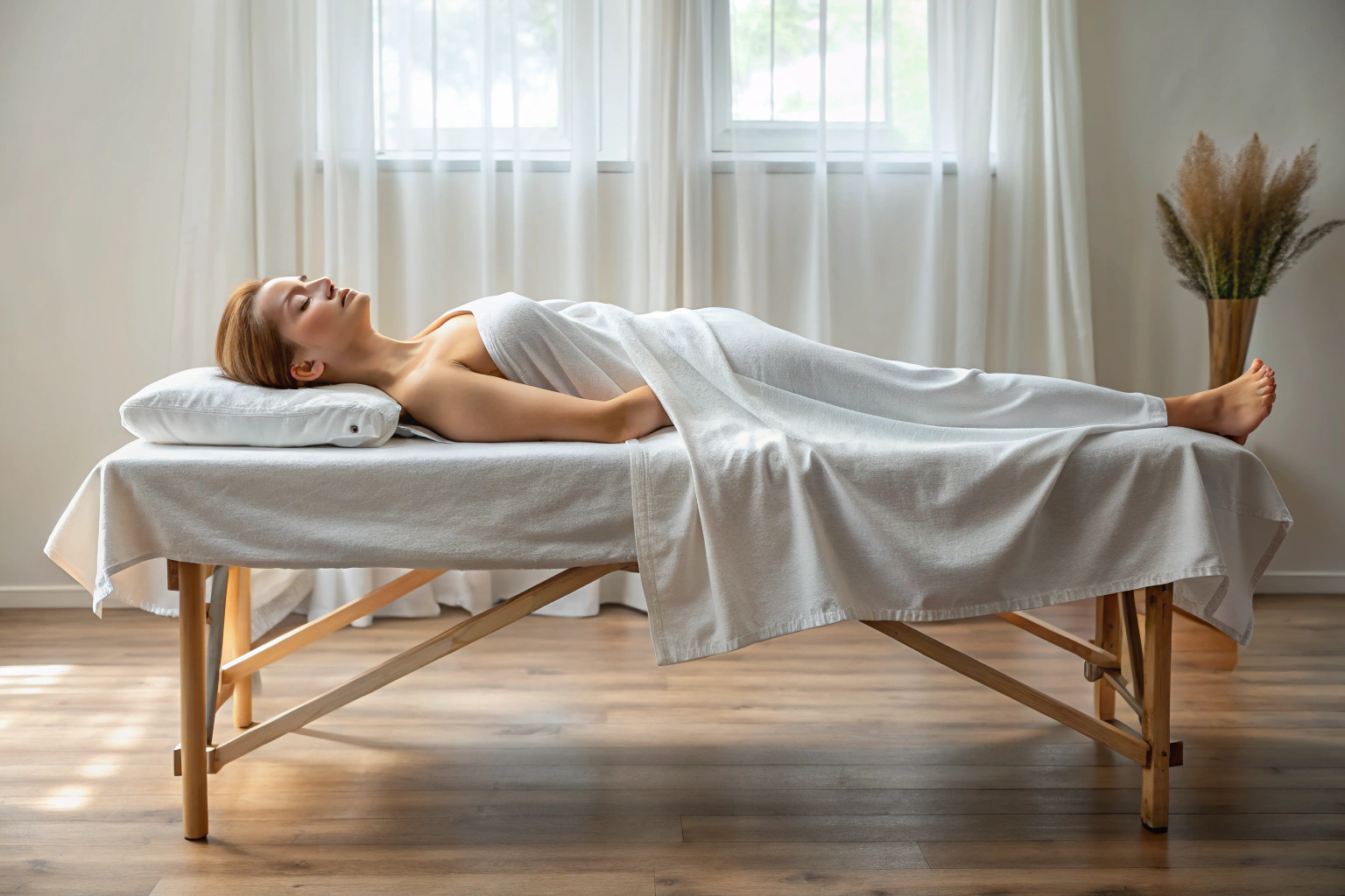 Une personne allongée sur une table de massage, recouverte d