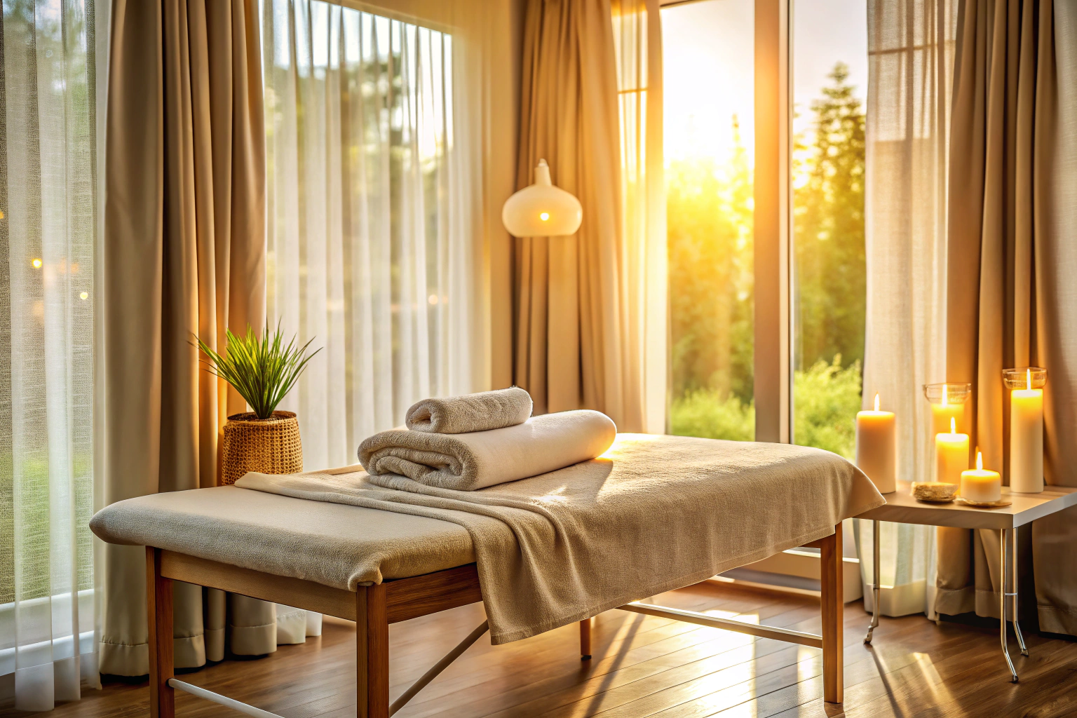 Une table de massage dans une pièce calme, avec des serviettes pliées proprement, une lumière douce filtrant à travers des stores, et un diffuseur d