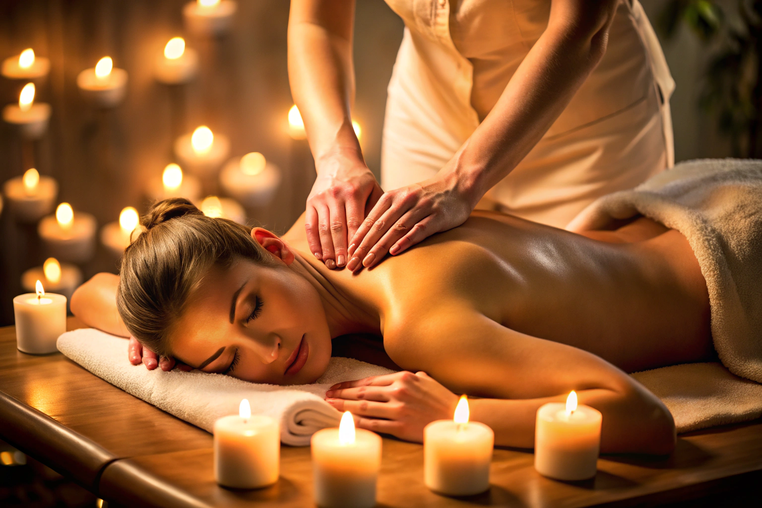 Des mains effectuant un massage suédois sur un dos, avec des gestes fluides dans une ambiance tamisée, mettant en valeur la relaxation