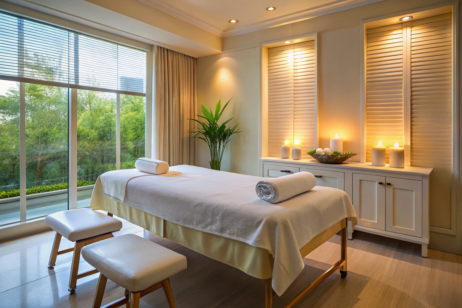Une salle de massage apaisante avec une table de massage recouverte de linge blanc, éclairée par une lumière douce et naturelle, créant une atmosphère de calme et de relaxation