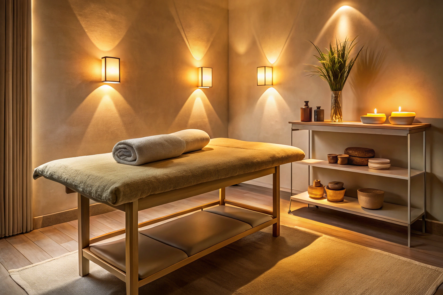 Une table de massage dans une pièce aux tons neutres, éclairée par une lumière tamisée, avec des coussins moelleux et une ambiance apaisante, sans aucun élément textuel